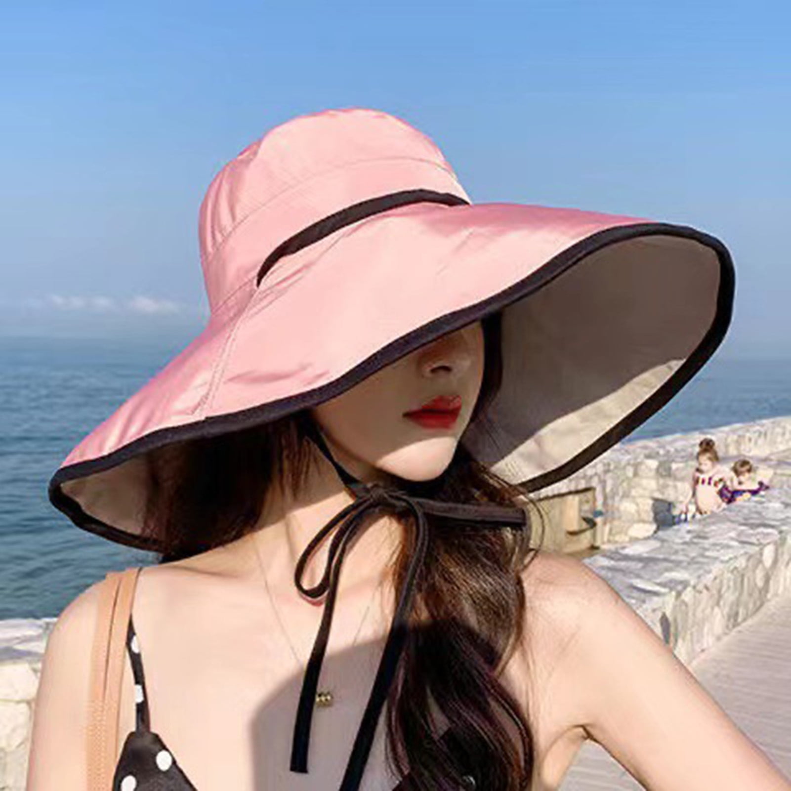 Women Fisherman Hat Sunscreen Anti-UV Adjustable Fasten String Big Brim  Bucket Hats Beach Headwear