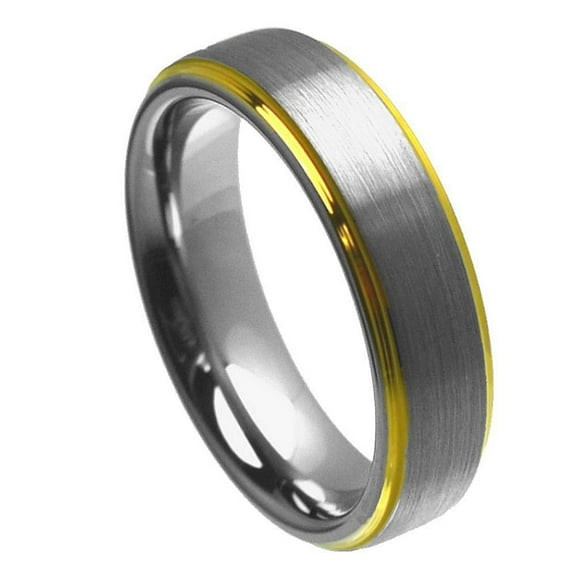 Tungsten Brushed Center Yellow Gold-Tone Stepped Edge Band Ring Size 6.5