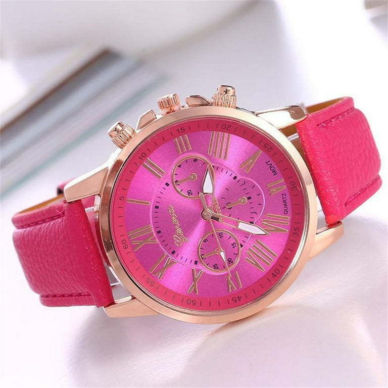 New fashion geneva women leather band stainless steel quartz analog wrist watch clearance