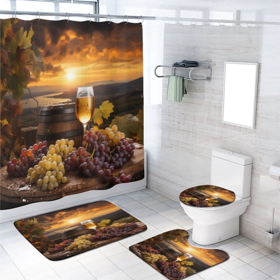 Red Wine 4 Pcs Shower Curtain Set Wine Bottle Glass Grapes Winery Sunset Landscape with Toilet Lid Cover and Bath Mat, Waterproof Shower Curtain with 12 Hooks, 72x72 Inch