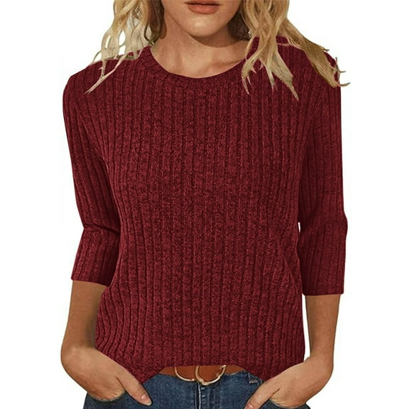 Dxzfnsa Tops for Womens 3/4 Sleeve Sweater Solid Color Crew Neck Loose Business Casual Work Blouses