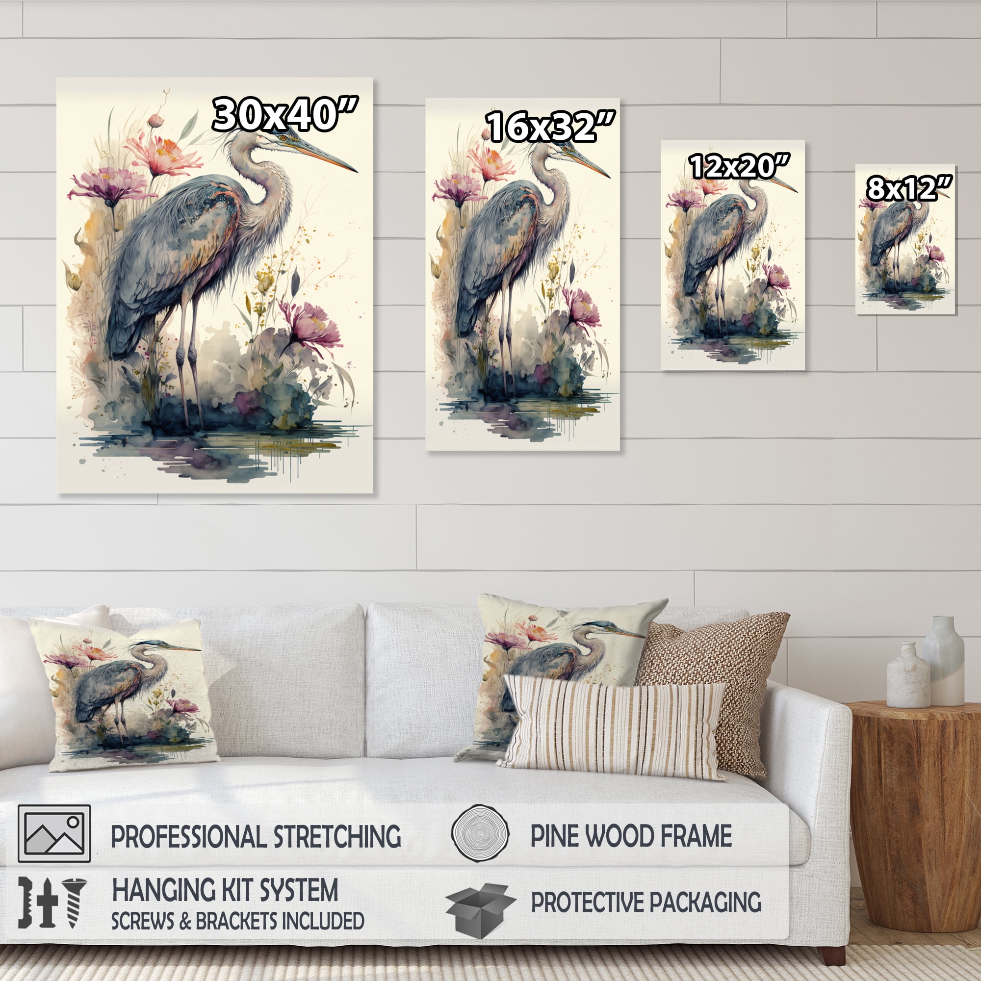 Designart Cute Heron Floral Art V Canvas Wall Art