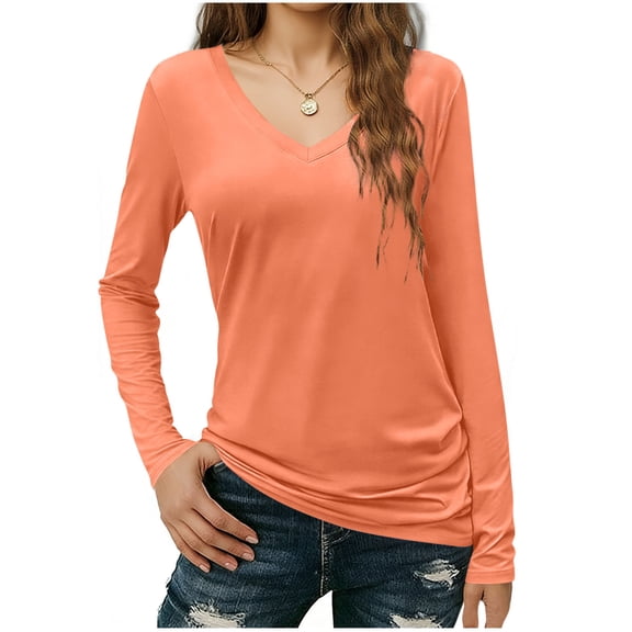 Enjoytime Long Sleeve Tops for Women Solid Color Round Neck Slim Casual Shirt Spring Trendy Basic Work Blouses Orange XXL