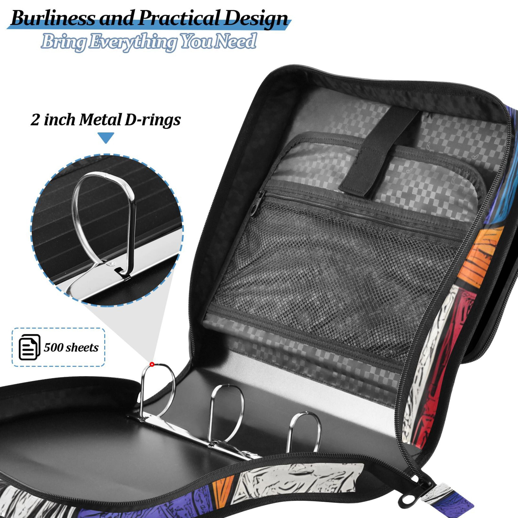 3 Ring Zipper Binder with Shoulder Strap Waterproof Trapper Keeper 2 Inch D-Ring 500 Sheets Capacity American Flag and Eagle