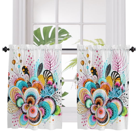 Colorful Flowers Bathroom Window Curtain, Abstracrt Modern Geometric Floral Plants Light Filtering Coffee Kitchen Curtains, Bedroom Living Room Curtains 2 Panel 84"x45"