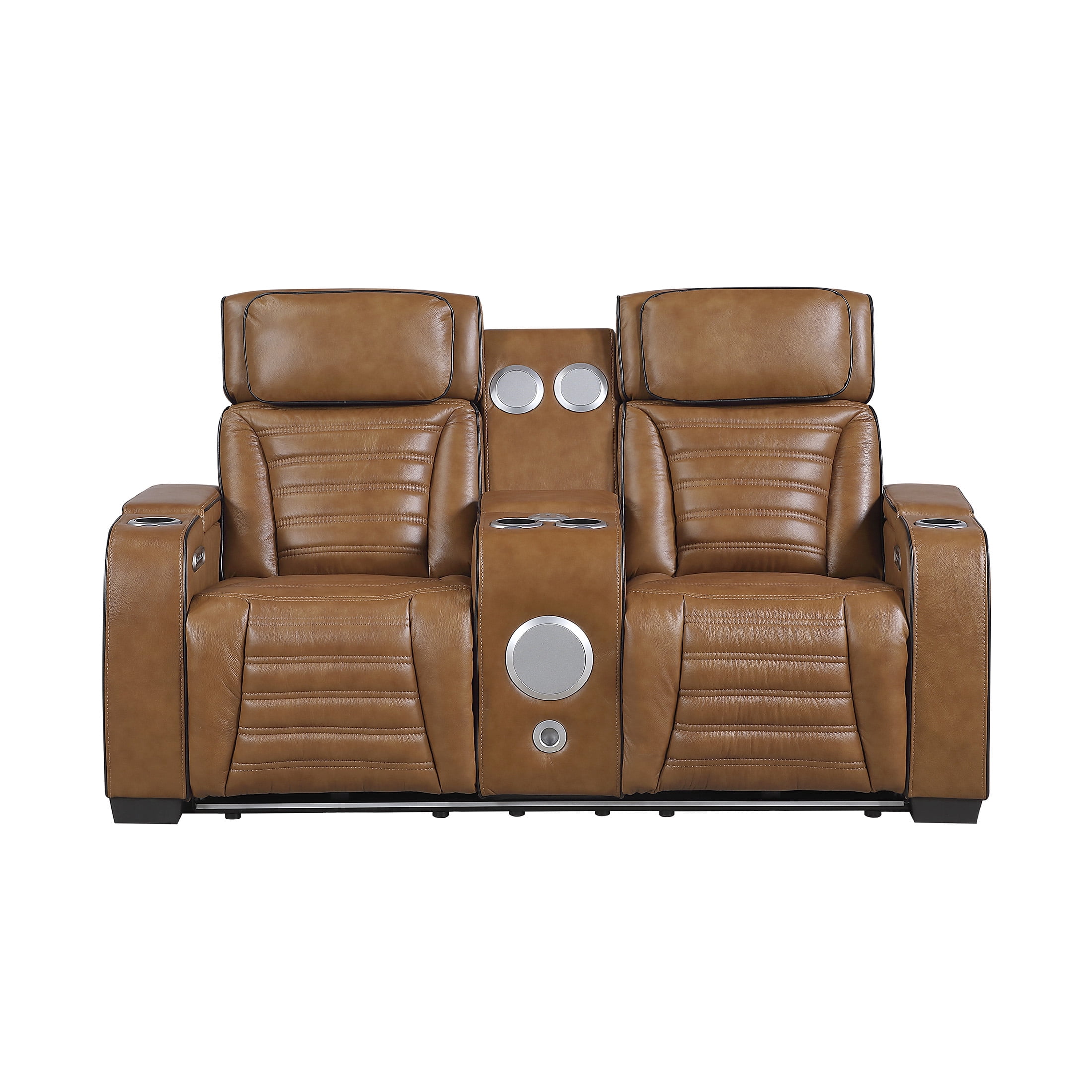 OakvillePark Elantra Leather Match Power Double Reclining Love Seat with Center Console/Power Headrests/Storage Arms/Cup Holders/Wireless speakers/Air Massage/Heat/LED Lighting/Charging Ports, Brown