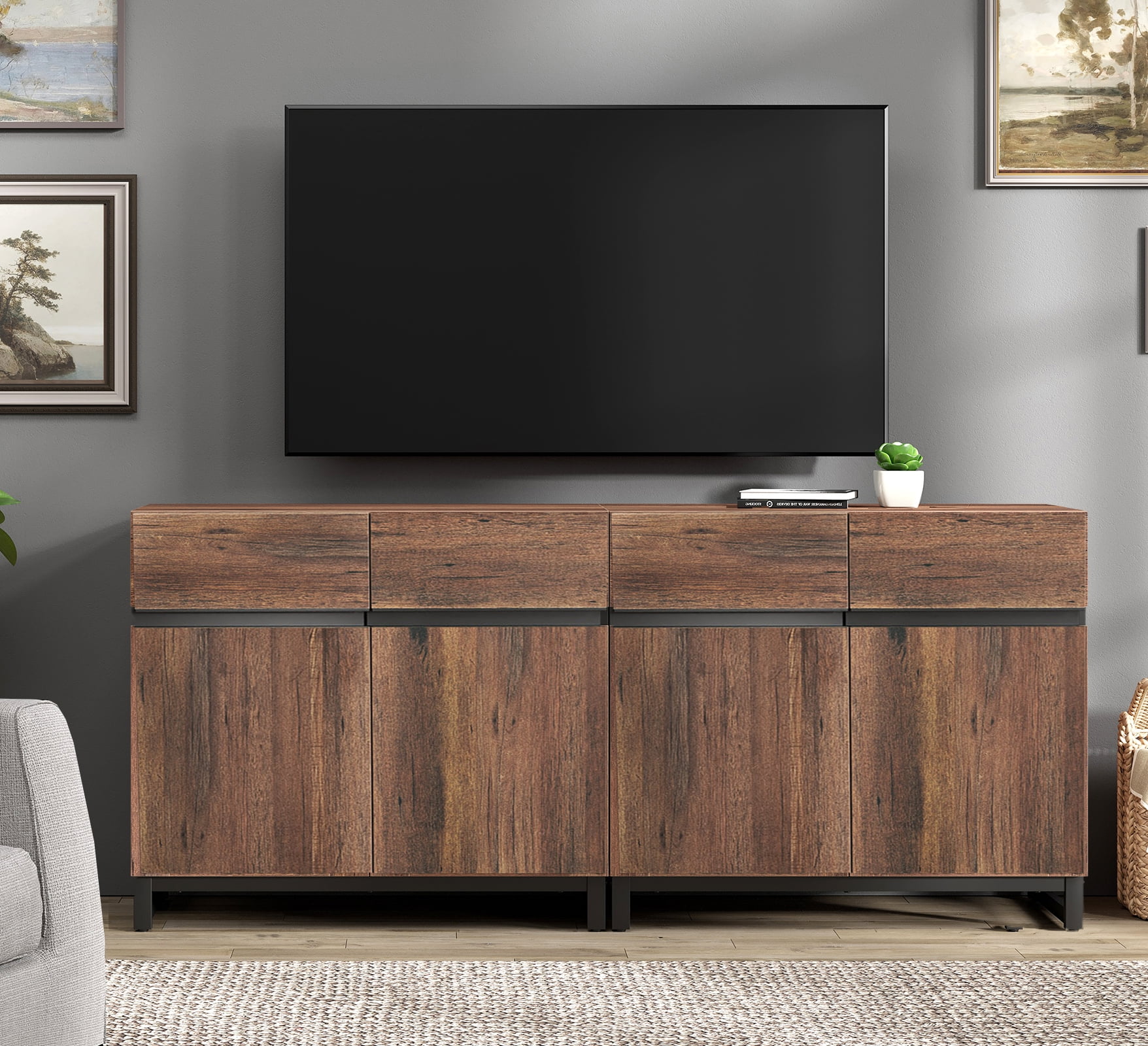 63 Inch Modern TV Stand for TVs up to 70 Inch, 2 Packs Wood Entertainment Center with Storage Doors, Adjustable Shelves and Sturdy Metal Base, Media Console Cabinet for Living Room Bedroom,Brown
