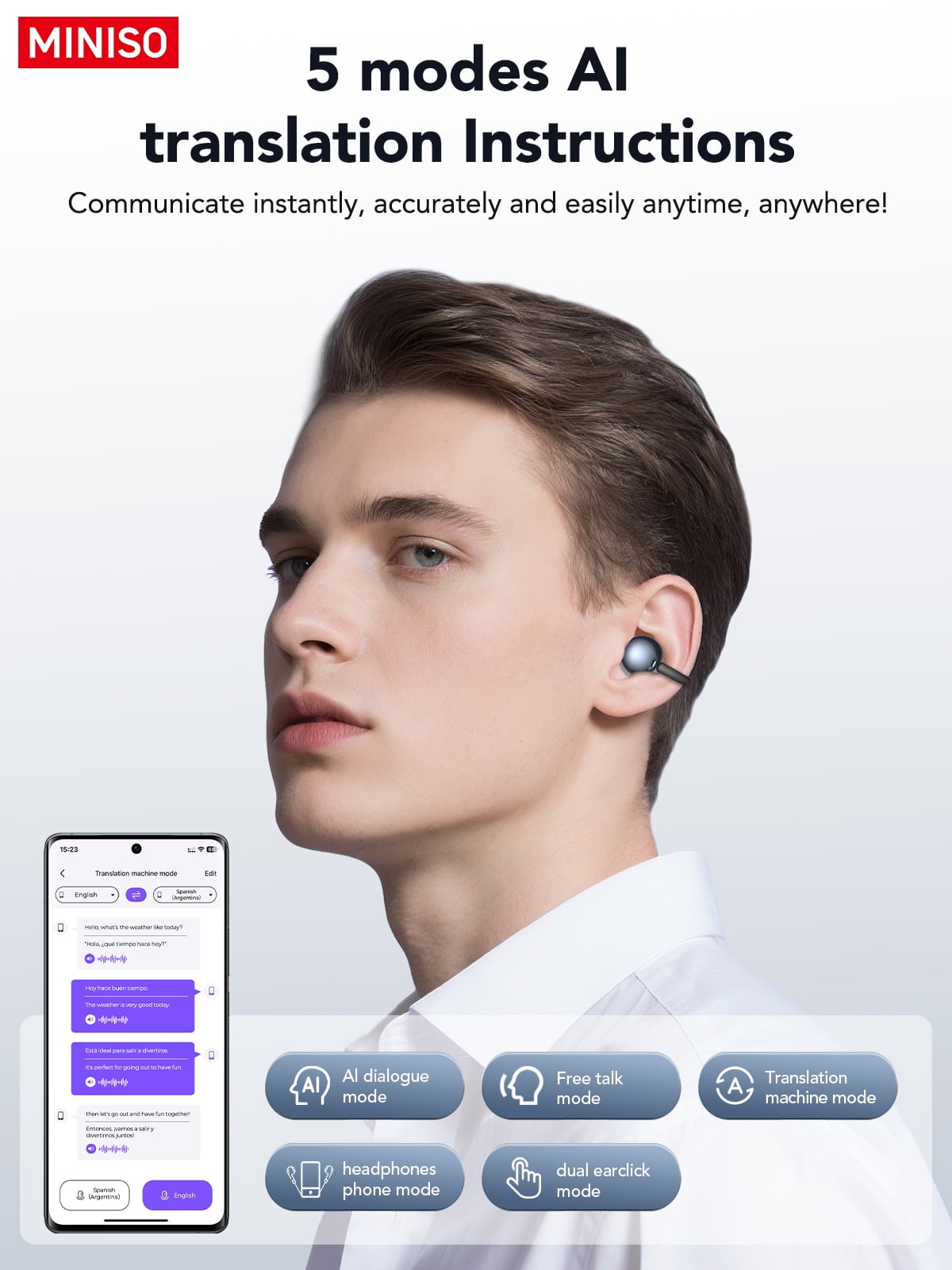 Clip-on Earbuds, Miniso MS199 AI Real-Time Translation Wireless, Open Ear Bluetooth 5.4, 130+ Languages, IPX5 Waterproof for Travel/Gym,With LED Touch Screen,Type-C Fast Charge, Gunmetal
