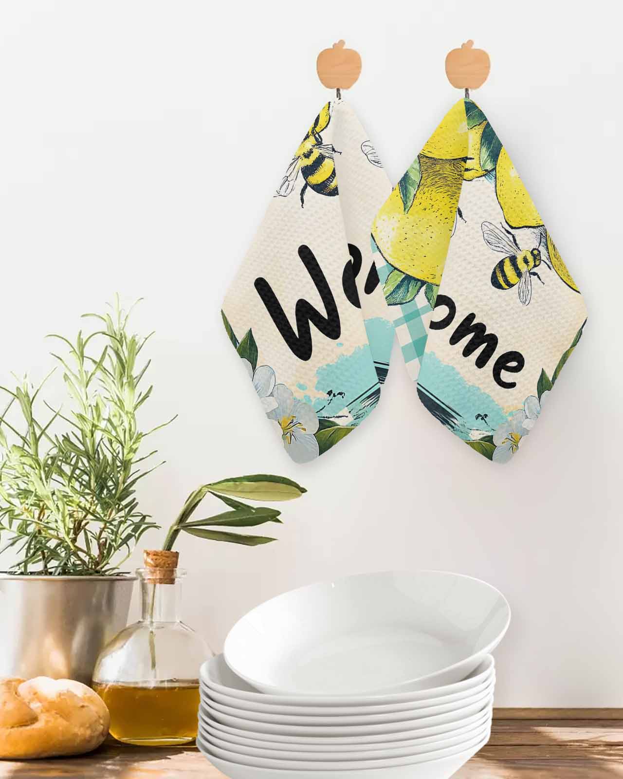 Summer Lemon Kitchen Dish Towels for Drying Dishes Set of 4, Spring Bees Turquoise Plaid Waffle Weave Microfiber Terry Hand Tea Bathroom Towels Quick Dry & Absorbent Towel 12x12