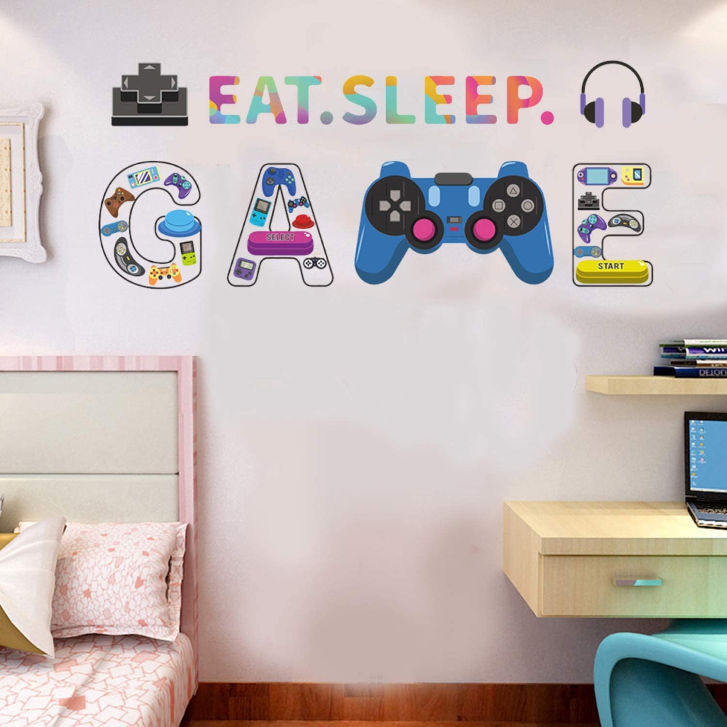 Gamer with Controller and Eat Sleep Game Wall Decal Cool Image Vinyl Stickers Set of 2 Removable Gamer Gamepad Art DIY Quote Sticker Mural for Kids Room Playroom Bedroom Livingroom Home Decoration