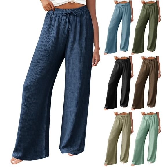 Dianli Solid Long Wide Leg Pants Linen Outfit Free Shipping Women's Summer Solid Elastic Waist Cotton Linen Casual Wide Leg Pants Black M