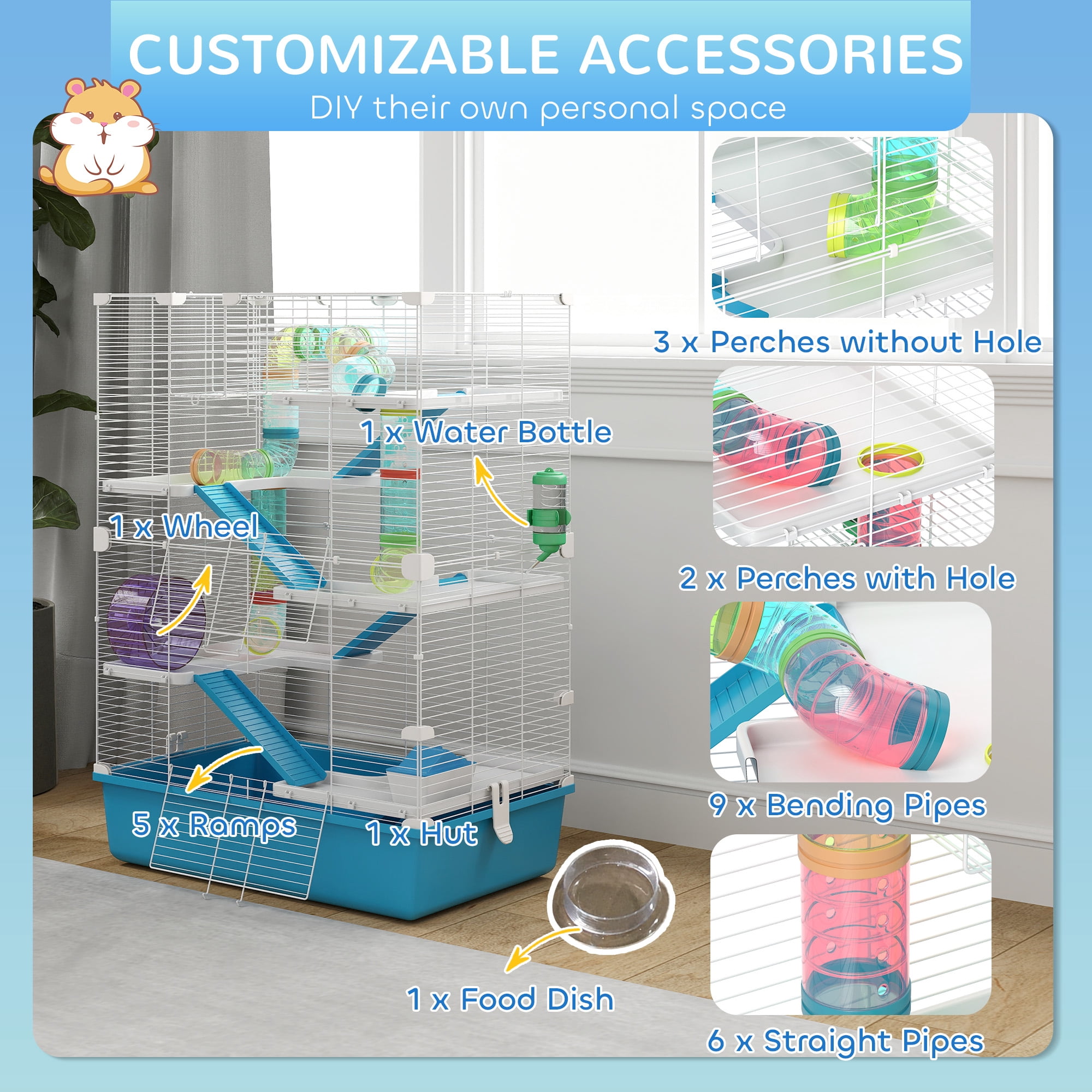 PawHut 32" Hamster Cage, 6 Tier Small Animal Cage with Tubes and Tunnels, Hut, Wheel, Food Dish, Water Bottle, Ramps, for Dwarf & Gerbil, Light Blue