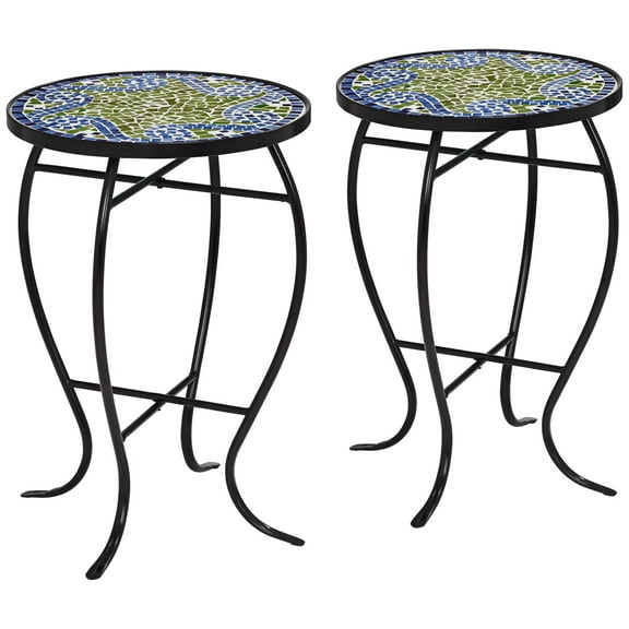 Teal Island Designs Black Round Outdoor Accent Side Tables 14" Wide Set of 2 Blue Wave Mosaic Tabletop Front Porch Patio Home House