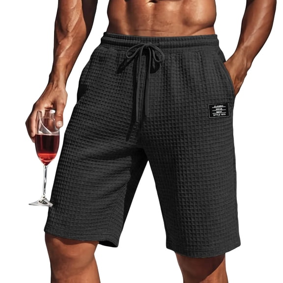 LWavelet Men's Waffle Knit Casual Shorts Drawstring Elastic Waist Label Patch Lounge Shorts Black M