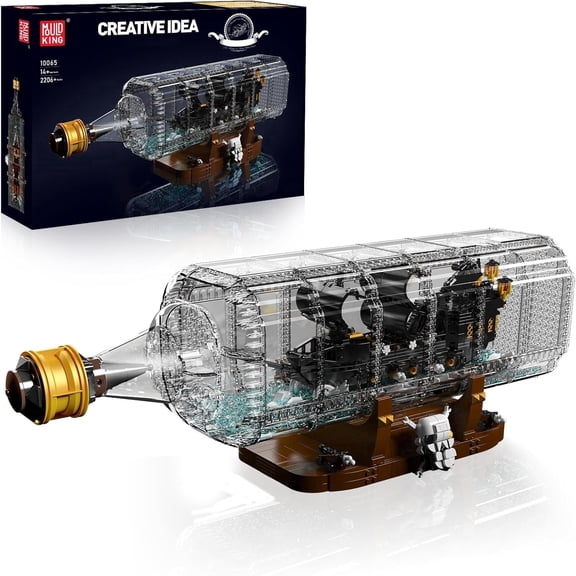 Mould King 10065 Drift Bottle with Black Pearl Ship Building Blocks Set, Pirate Ship in Bottle Model Building Kit with Display Stand,