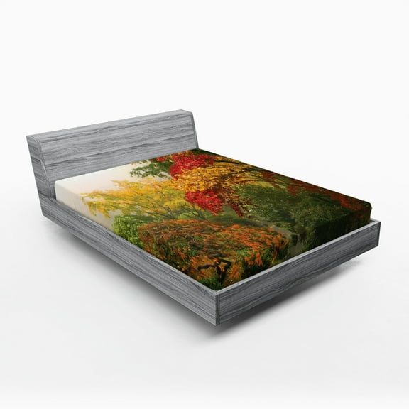 Ambesonne Country Fitted Sheet, Portland Japan Garden, Queen Size, Red Yellow Green