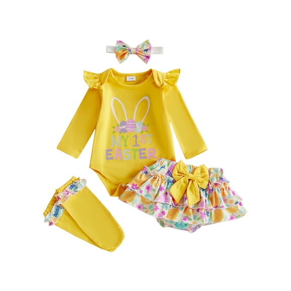 BemeyourBBs Newborn Baby Girl My 1st Easter Outfit Long Sleeve Letters Romper with Eggs Print Ruffle Skirt Set Headband Socks 4pcs Spring Easter Clothes