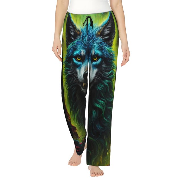 Fotbe Fluorescent Wolf Pantalones de Pijama para Mujer, Pantalones de Dormir, Pantalones Pj con Cordón y Bolsillos-XX-Large