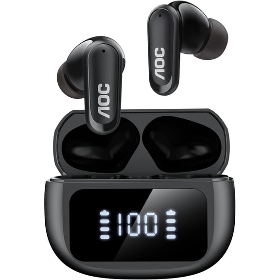 AOC Wireless Earbuds with Smart LED Display, Noise Cancelling Bluetooth Headphone, 40H Playtime with 6 Mic Clear Call, IP5 in-Ear Headphones, Black