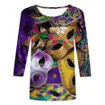 thumbnail image 2 of Aloohaidyvio Tops,Womens Mardi Gras Loose 3/4 Sleeve Mask Shiny Glitter Print Crew Neck T-Shirt Blouse,Mardi Gras Clothing Women, 2 of 5