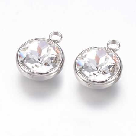 K9 Glass Rhinestone Pendants April Birthstone Charms with 304 Stainless Steel Findings Flat Round Clear 18x14x9mm Hole: 2.5mm for diy