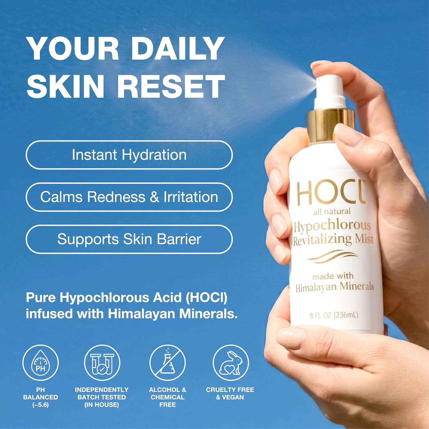 Think Smarter Hypochlorous Acid Gentle Revitalizing Mist Face and Body Spray with Himalayan Minerals, For All Skin Types, 8 fl oz