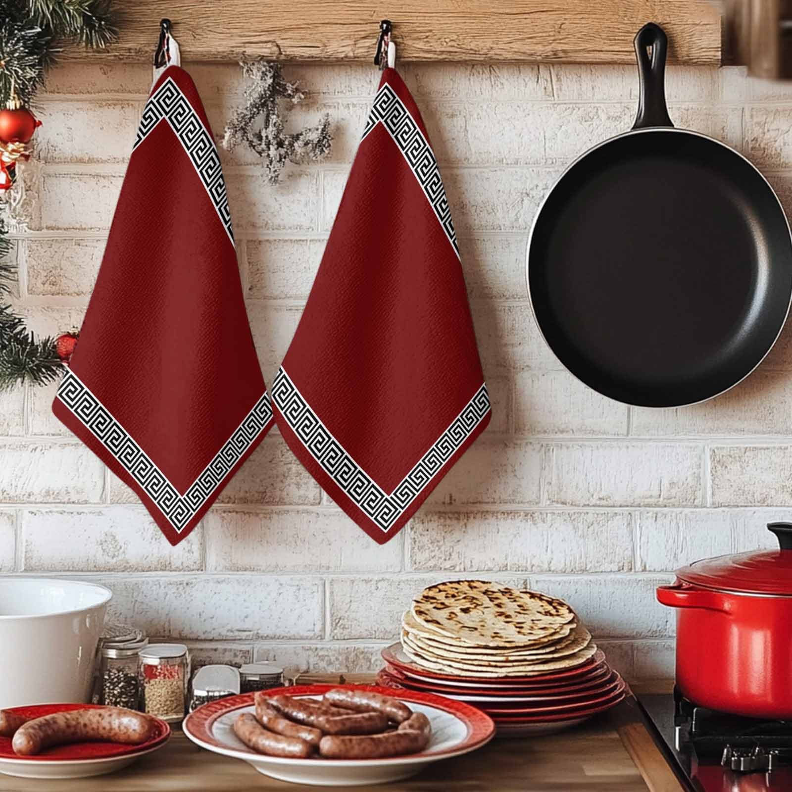 Dish Towels, Geometric Greek Key Design Absorbent Kitchen Towels 2 PCS, Red Microfiber Hand Towels Dish Cloths Tea Towels for Home&nbsp;Bathroom Cleaning Drying,18X28-Inch,