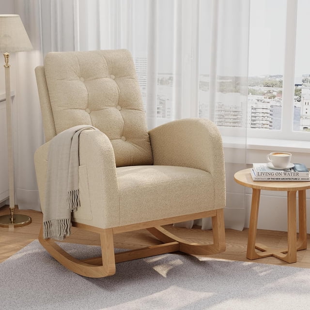 Twister.CK Modern Rocking Accent Chair, Upholstered Rocker Glider with Side Pocket, for Living Room, Bedroom, Nursing Room, Light Brown
