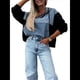 thumbnail image 2 of Sudadera con Capucha y Media Cremallera de Mezclilla para Mujer, Chaquetas y Tops de Mezclilla Negro L, 2 of 8