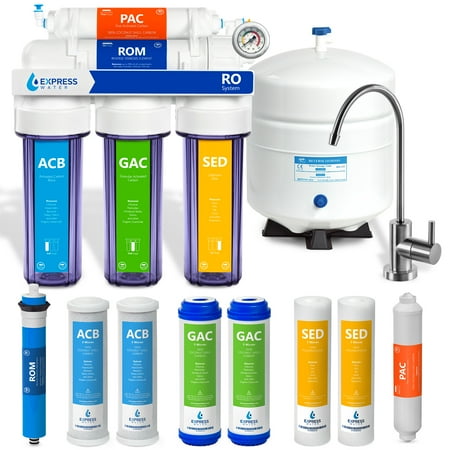 

Express Water RO Water Filtration System – 5 Stage RO Water Filter with Faucet and Tank – Under Sink Water Purifier – plus 4 Free Replacement Filters – 100 GPD with Clear Housing and Pressure Gauge