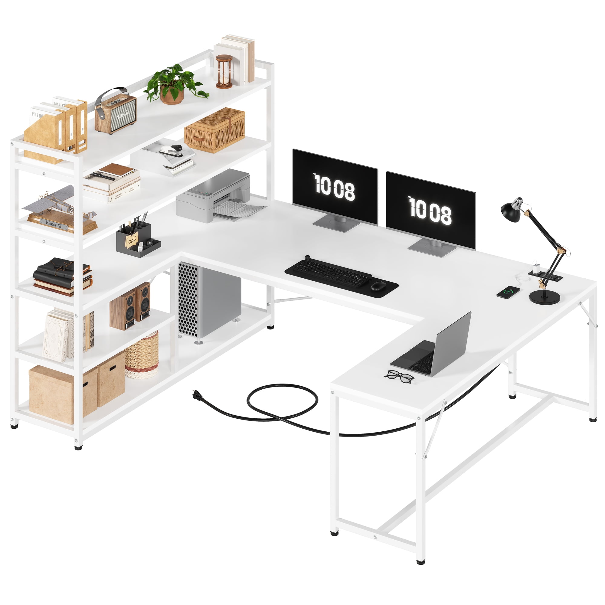 63 Inch U-Shaped Desk with Power Outlet & LED Lights, Reversible Gaming Desk with 5-Tier Storage Shelves, Computer Desk with Spacious Desktop, Corner Desk for Home Office, White
