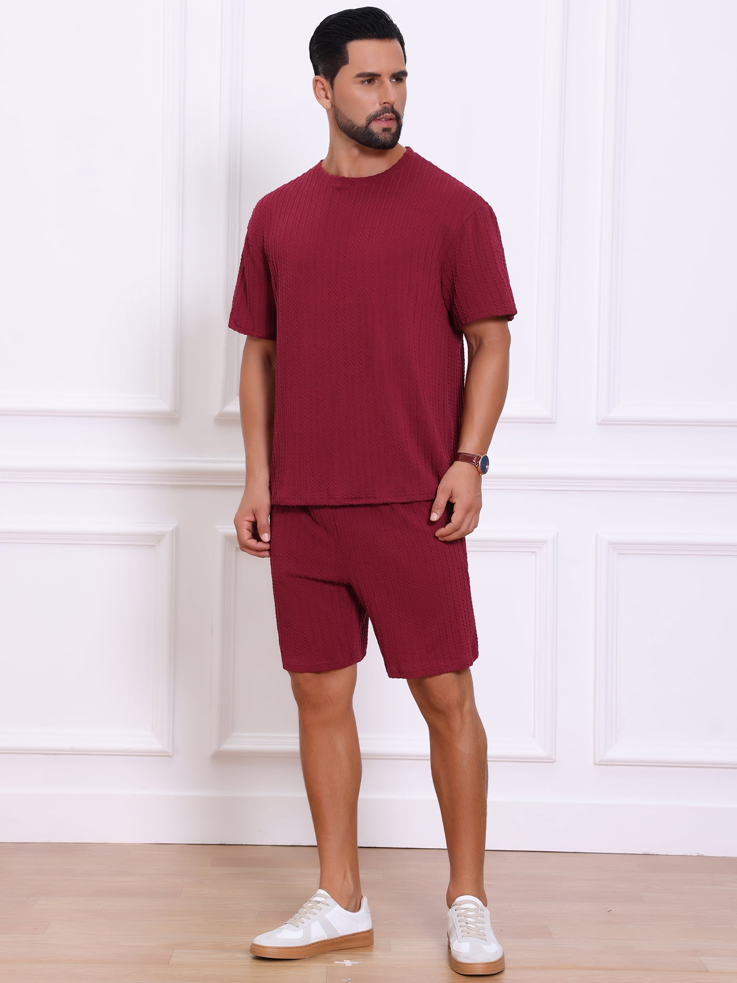 DARING DIVA Men's 2 Pieces Texture Crew Neck Shirt Top and Shorts Outfits 3XL Burgundy