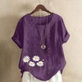 thumbnail image 2 of Cmfcve Women's Graphic Tops Short Sleeve Round Neck Cotton Linen Tee Shirt Daisy Printed Henley Button Blouse, 2 of 5