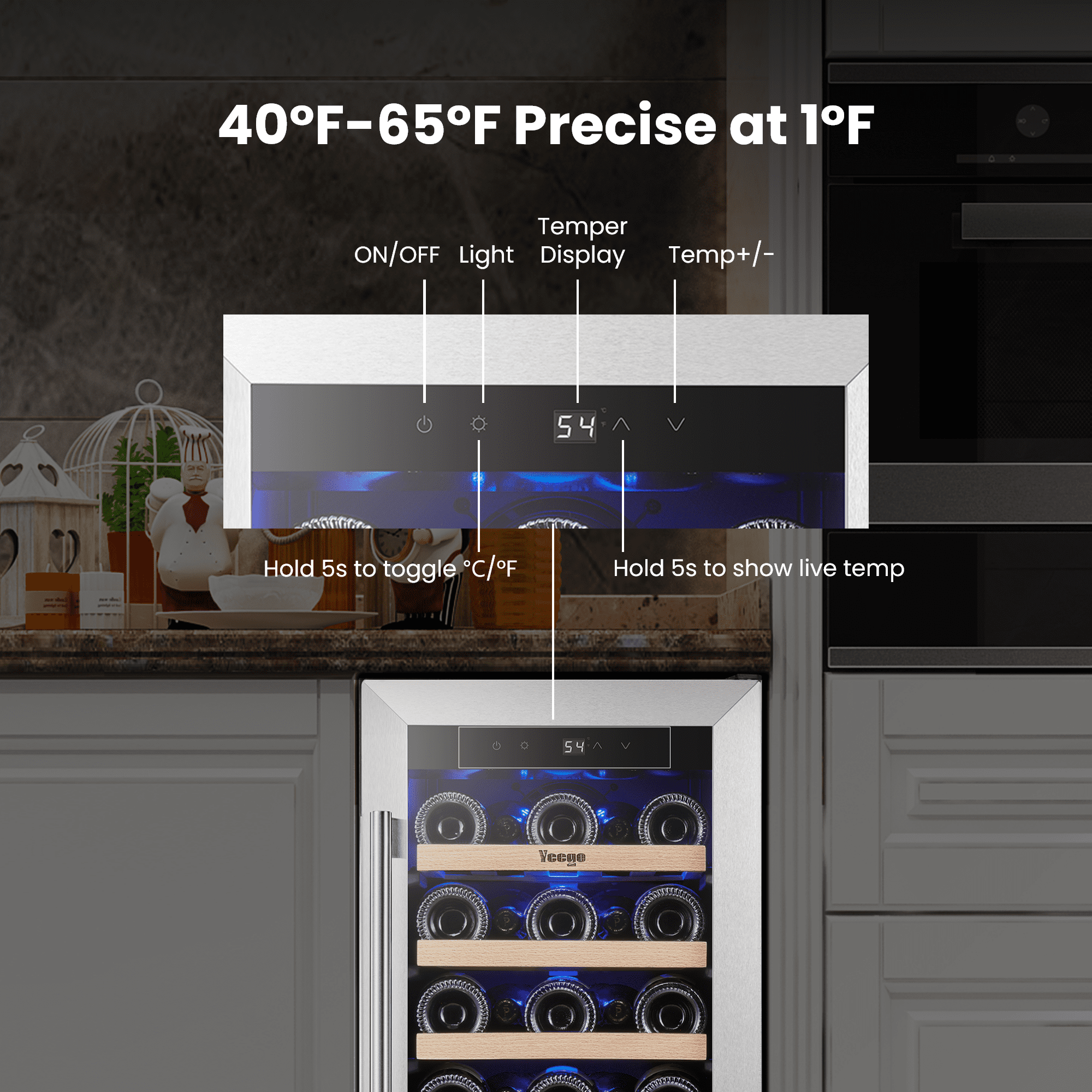 Yeego 15 Inch Wine Cooler and Refrigerator, 33 Bottles 40-65℉ with Glass Door Wine Fridge for Home Kitchen Bar, Built-in or Freestanding