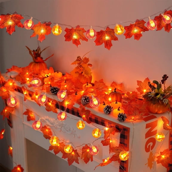 Realistic Pumpkin & Maple Leaf Garland Lights - 12ft Fall LED String Lights with 24 LEDs, Battery-Operated Waterproof Decor for Halloween Porch, Indoor/Outdoor Home