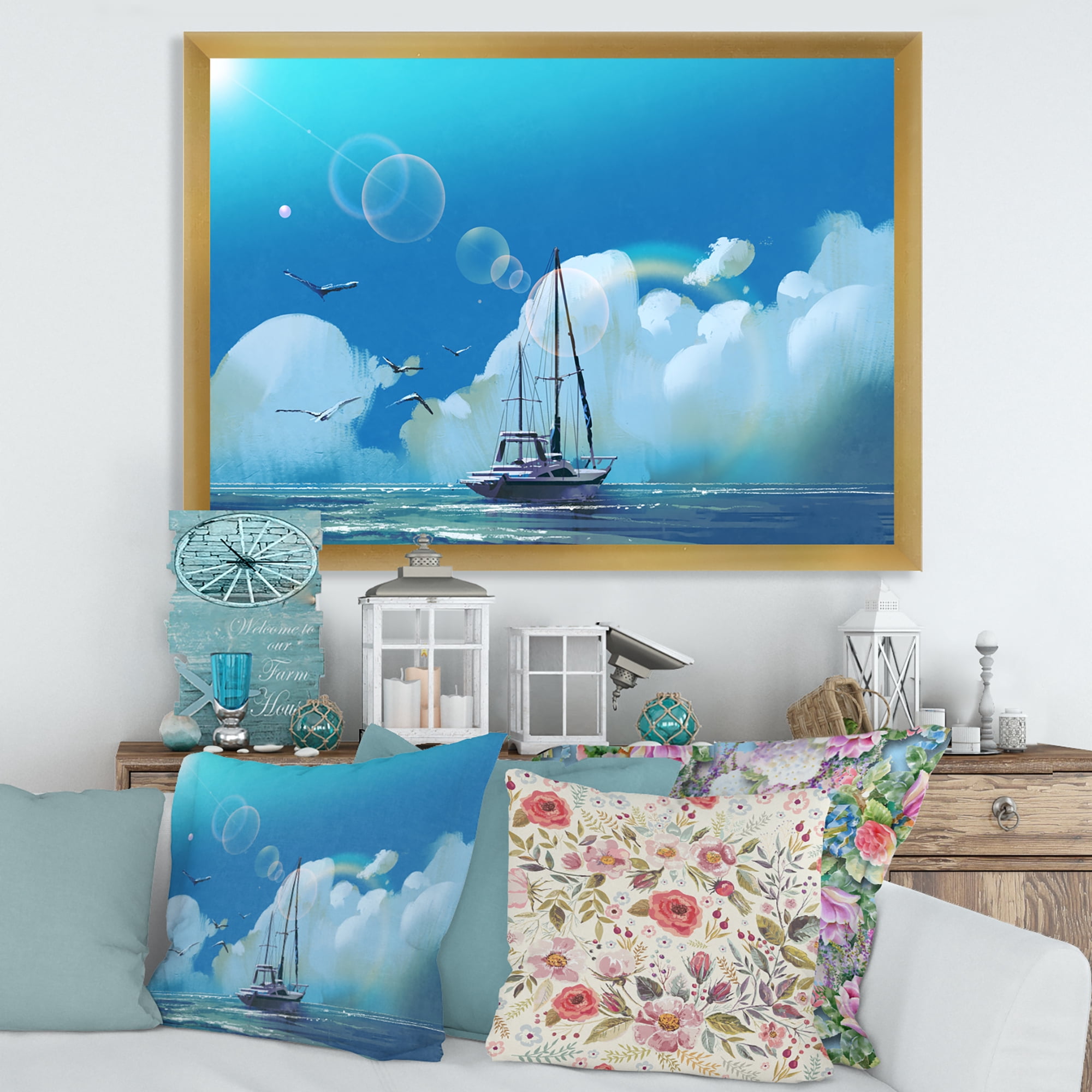 Designart 'The Sailboat On The Blue Sea Against Summer Clouds Sky' Nautical & Coastal Framed Art Print
