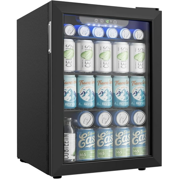 EUHOMY 100 Can Beverage Refrigerator cooler-Mini Fridge Glass Door for Beer Drinks Wines, Freestanding Beverage Fridge with Adjustable Shelves Blue LED for Home/Office/Dorm/Bar, 2.7 cu.ft