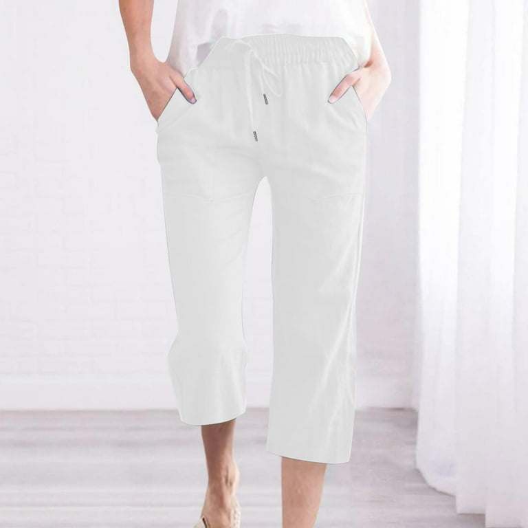 Usmixi Womens Wide Leg Cropped Pants Casual Drawstring Elastic Waist 3/4  Trousers Comfy Breathable Cotton Linen Plus Size Pocket Pants White XL