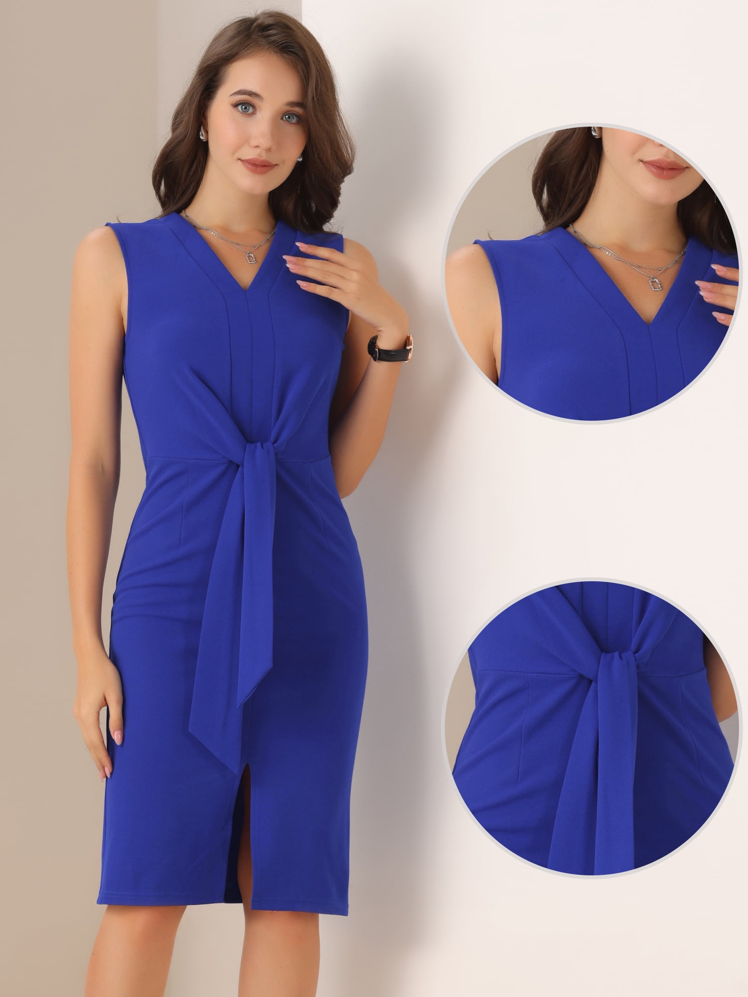 DARING DIVA Pencil V Neck Sleeveless Design Tied Waist Dress XL Royal Blue
