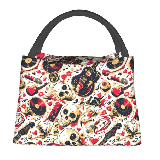 Fotbe Guitar Skull rock Bolsa Térmica Portátil con Estampado, Bolsa de Entrega de Alimentos Aislada, Bolsa Reutilizable de Gran Capacidad para Comidas y Supermercado