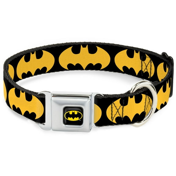 DC Comics Pet Collar, Dog Collar Metal Seatbelt Buckle, Bat Signal Black Yellow, 13 to 17 Inches 1.5 Inch Wide