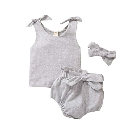 

Canrulo Cute Newborn Baby Girl Clothes Solid Color Sleeveless T-shirt Tops Bowknot Shorts Bloomers Headband Set Grey 12-18 Months