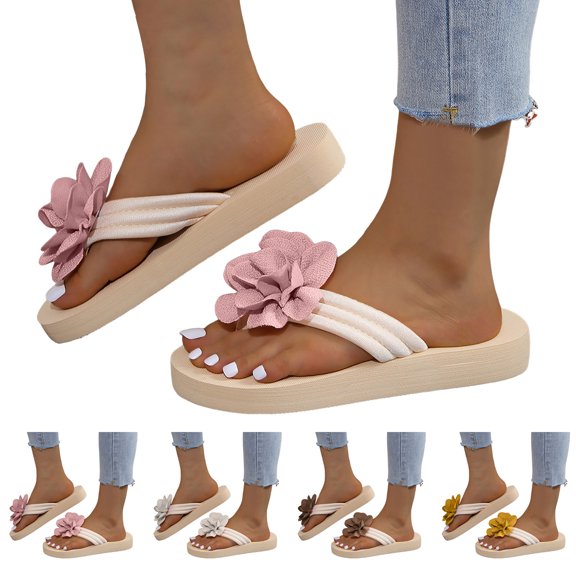 Dakaela Women's Flower Flip Flops 3D Floral Platform Open Toe Thong Sandals Ladies Yoga Mat Slip on Flats Slides Summer Beach Vacation Slippers Size 6-11 Brown