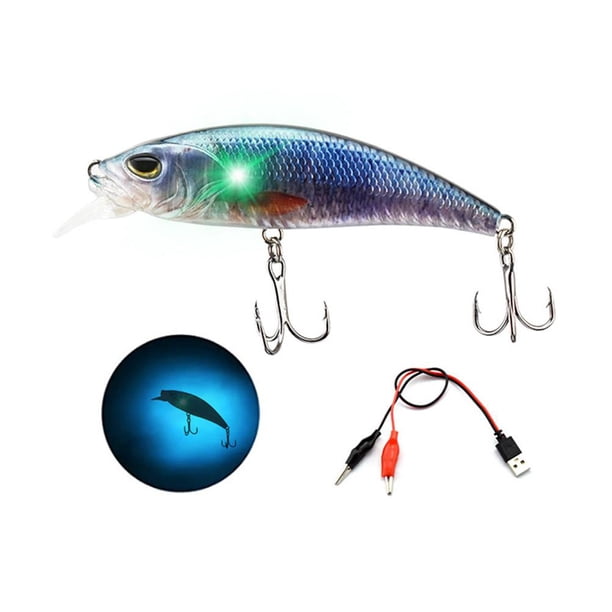 Señuelos de pesca luminosos LED, señuelo de pesca duro verde recargable eléctrico con anzuelo triple para lubina, trucha, agua dulce y salada
