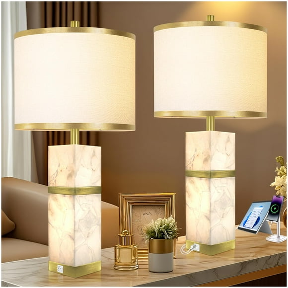 Lámpara de mesa Scenekoy de alabastro natural con luz nocturna, juego de 2