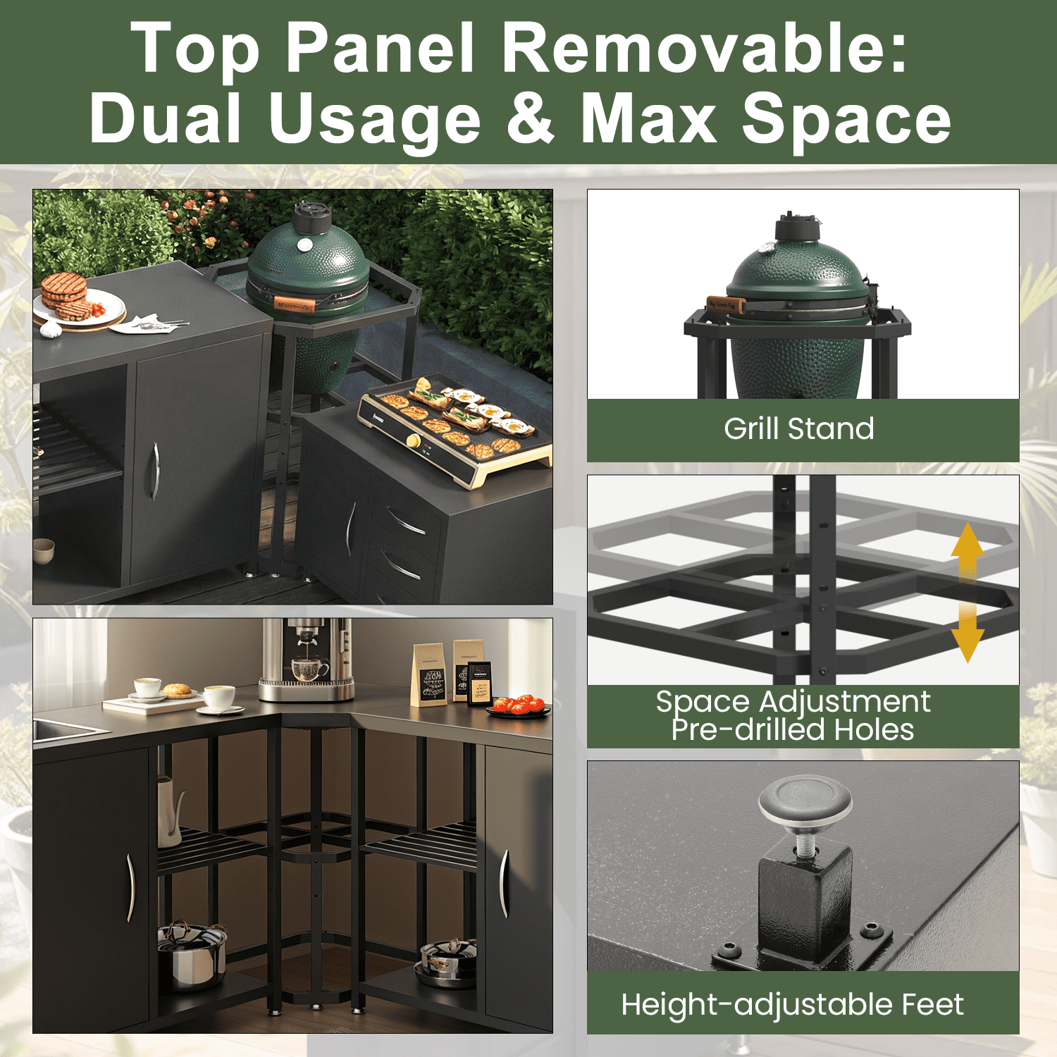 Richryce 5-Piece L Shaped Outdoor Kitchen Island with Sink, Large Storage Cabinet & Shelf, Pull-Out Trash Drawer and Grill Stand for Deck, Patio