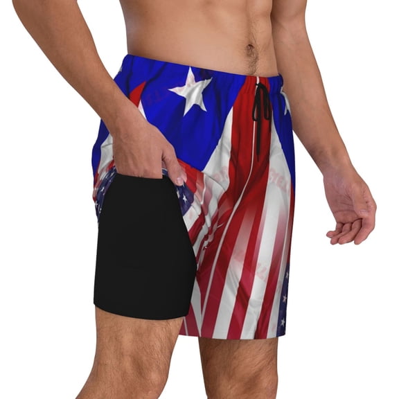 Mens Puerto-Rico-America-Flag Swimming Trunks with Compression Liner Beach Quick Dry Swim Shorts