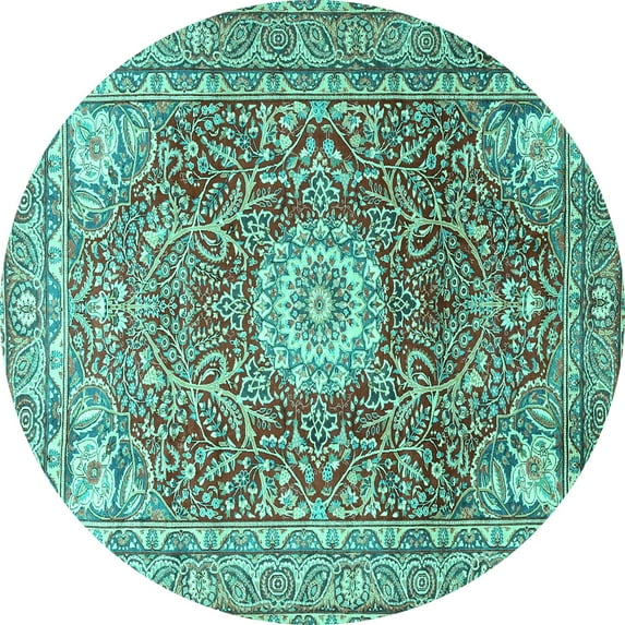 Ahgly Company Machine Washable Indoor Round Medallion Turquoise Blue Traditional Area Rugs, 3' Round