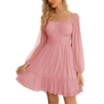 thumbnail image 1 of Vestido Wenrine Mesh de manga larga con cuello cuadrado en una línea rosa para mujer, 1 of 7