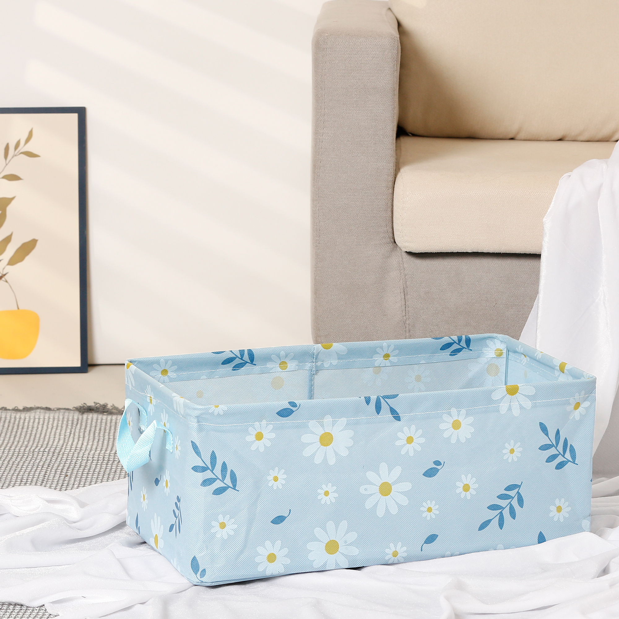 Unique Bargains Storage Cube Collapsible Storage Basket with Handles for Shelves 1pk Blue